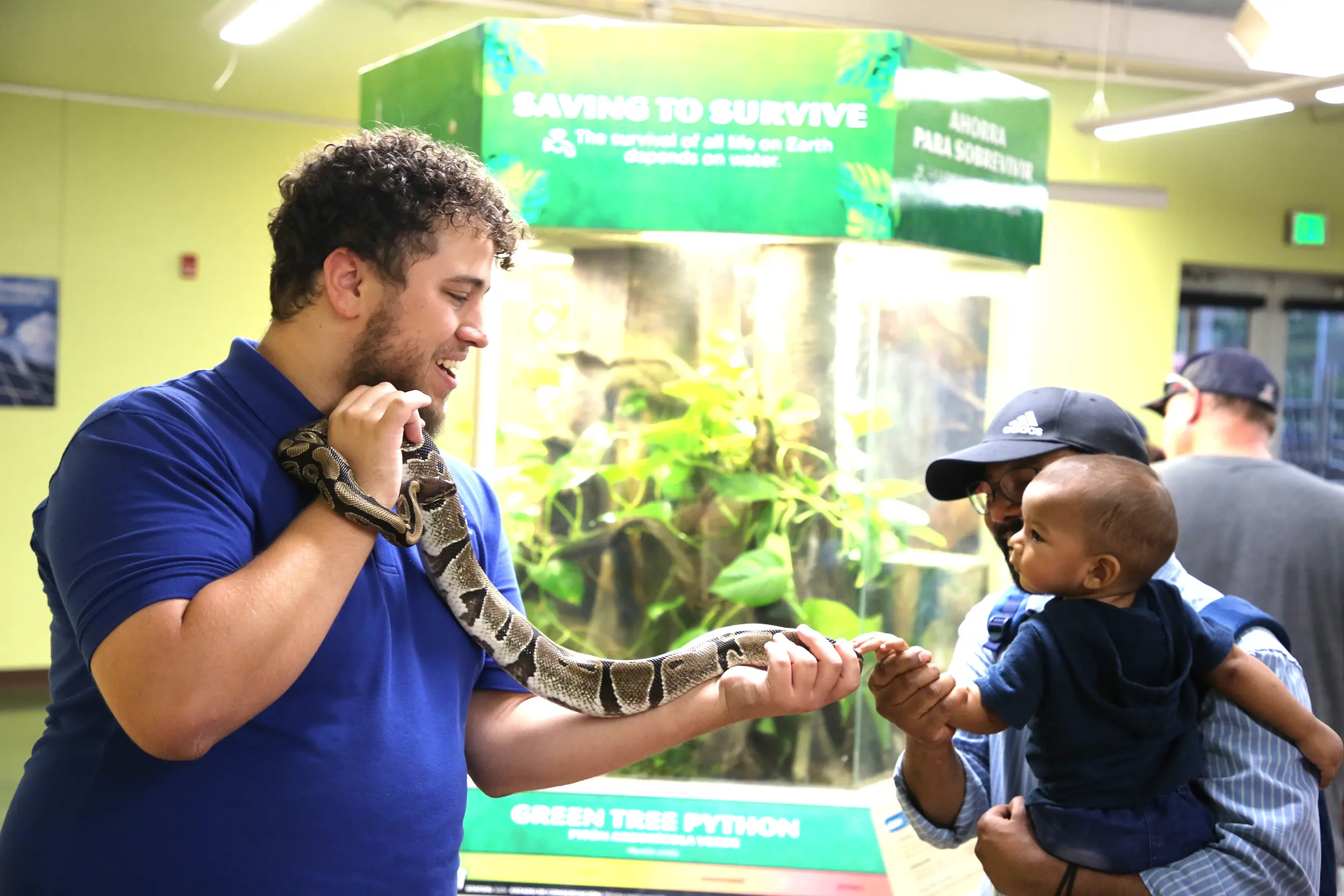 A man showing a snake to a kid at Reid Park zoo